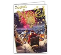 AFIE 61-5844 Carte Joyeux Noël Doré Brillant et enveloppe blanche format 12x17,5cm - Père-Noël dans son traineau qui regarde un feu d'artifice et une ville éclairée sous la neige - Fabriqué en France