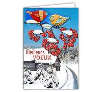 Afie 61-6003 Carte avec Enveloppe et Collage EN RELIEF Oiseaux en or doré brillant Souhaiter une Bonne Année Présenter ses Meilleurs Vœux Rouge-gorge Branche Baies rouges Chalets Sapins sous la Neige