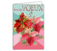 Afie 61-6015 Carte avec Enveloppe et Collage EN RELIEF Poinsettia étoile Noël en or doré brillant Souhaiter une Bonne Année Présenter ses Meilleurs Vœux Bouquet Végétal Baies Rouges Rose Vert d'eau
