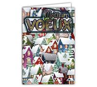 Afie 61-6016 Carte avec Enveloppe et Collage EN RELIEF Texte en or doré brillant Souhaiter une Bonne Année Présenter ses Meilleurs Vœux Village sous la Neige Sapins Fenêtres éclairées Réveillon