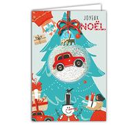 Afie 61-6040 Carte Joyeux Noël avec Enveloppe et Collage EN RELIEF Voiture Rouge Boule à Neige en or doré brillant scintillant étincelant Rubans Cadeaux au pied du Sapin Vert d'eau Bonhomme de Neige