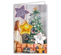 Afie 61-6045 Carte Joyeux Noël avec Enveloppe et Collage EN RELIEF Ballon étoilé en or doré brillant scintillant étincelant Décorer Sapin Boules Cadeaux Ours en peluche Bonhomme de Neige Petite Fille