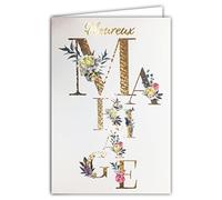 AFIE 63-1151 Carte Heureux Mariage - Félicitations en Or Doré Brillant Scintillant - Enveloppe Incluse - Bohême Chic Fleurs séchées Eucalyptus Roses Pivoines - Fabriquée en France