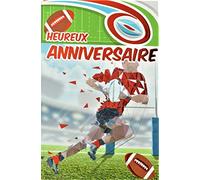 AFIE 65-1269 Carte Heureux Anniversaire Rouge Brillant Ballon Ovale Rugby Men Homme Champion Marquer des points Poteaux Equipe Stade Terrain Fabriqué en France