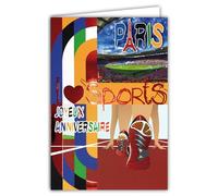 AFIE 65-1420 Carte Joyeux ANNIVERSAIRE I love Sports Rouge Brillant avec Enveloppe 12x17,5cm Athlétisme Course à pied Basket Stade Création Édition Impression Fabrication Française
