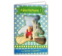 AFIE 66-1017-A Carte Félicitations Naissance ou Adoption Bébé Garçon avec Paillettes et Enveloppe Bleue 12x17,5cm La famille s'agrandit Découpe Perforation en forme de Nounours Ours en Peluche
