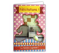 AFIE 66-1017-B Carte Félicitations Naissance ou Adoption Bébé Fille avec Paillettes et Enveloppe Rose 12x17,5cm La famille s'agrandit Découpe Perforation en forme de Nounours Ours en Peluche