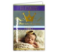 AFIE 66-1027-B Carte Félicitations Naissance ou Adoption Bébé Garçon Beau Petit Prince Roi Couronne Cœurs en Or Doré Enveloppe Bleue 12x17,5cm Tendre Pensée Chaleureuses Pensées Cocooning