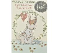 AFIE 66-1154 Carte Félicitations aux Heureux Parents - Bienvenu Bébé Fille - Love Paillettes Fleurs Roses Couronne Cœur Maman Lapin Animaux Tendres Mignons - Fabriquée en France