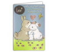 AFIE 66-1155 Carte Félicitations aux Heureux Parents - Bienvenu Bébé Garçon/Fille - Love Paillettes Cœur Rose Couple Papa Maman Lapins Oiseau Animaux Tendres Mignons - Fabriquée en France
