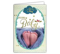 AFIE 66-1156 Carte Félicitations aux Parents Heureux - Bienvenu Bébé Garçon - Bleu Or Doré Pieds nus Nuages étoiles Cœurs Mignon - Fabriquée en France