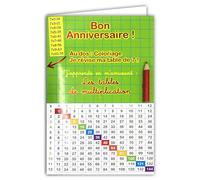 AFIE 67-1102-A Carte Pédagogique Bon Anniversaire Coloriage Magique Jeu avec Crayon de couleur aléatoire et Enveloppe Jaune Tables de multiplications 12x12=144 pour Enfants CE1 CE2 CM1 dès 7 8 9 ans