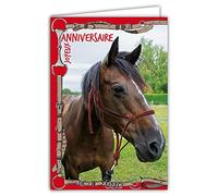 Afie 67-1224 Carte Joyeux Anniversaire Cheval Animaux Equitation Brides Harnais Rouge étriers Cavalier Cavalière Avec Enveloppe Blanche format 12x17,5cm