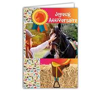 Afie 67-1226 Carte Joyeux Anniversaire Chevaux Animaux Cavalière Equitation Cocarde Championne Selle Avec Enveloppe Blanche format 12x17,5cm