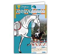 Afie 67-1227 Carte Joyeux Anniversaire Chevaux Animaux Cavalier Cavalière Equitation Saut Obstacles Champion Championne Avec Enveloppe Blanche format 12x17,5cm