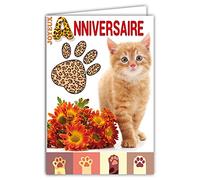 Afie 67-1234 Carte Joyeux Anniversaire Chaton Pattes de Chat Animaux Orange Fauve Tigré Bouquet Fleurs Avec Enveloppe Blanche format 12x17,5cm