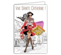 68-1333 Carte Vive Sainte Catherine Bonne Fête 25 novembre pour Jeune Fille Femme Catherinette à la Mode Star Sac à main Shopping Lunettes de Soleil Bottes Avec Enveloppe Blanche Format 12x17,5cm