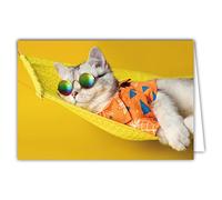 Afie 68-4001 Carte intérieur blanc avec Enveloppe - Be Cool Relax No Stress Chat avec Lunettes de Soleil Chemise dans un Hamac Jaune Farniente Sieste Vacances Repose-toi Hippie c'est tout Bohème BOHO