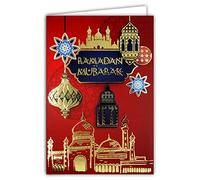 AFIE 68-9001 Carte Ramadan Mubarak en Or Doré Brillant Musulmans Mois Saint Jeûne Laylat al-Qadr Aïd el-Fitr Fête Islamique 5 Piliers Mosquée Lanterne Ramadanèsque Enveloppe Blanche Format 17,5x12cm