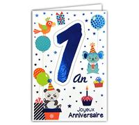 Afie 69-2100 Carte Joyeux Anniversaire 1 an Bleu Brillant Bébé Garçon Fille