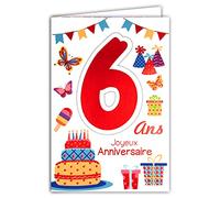 Afie 69-2106 Carte Joyeux Anniversaire 6 ans Enfant Garçon Fille - Gteau 6 Bougies Papillons