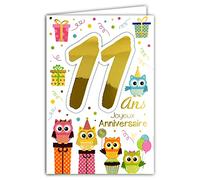 Afie 69-2111 Carte Joyeux Anniversaire 11 ans en Or Doré Brillant Ados Garçon Fille Chouettes Hiboux Oiseaux Cadeaux