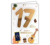 Afie 69-2117 Carte Joyeux Anniversaire 17 ans en Or Doré Brillant Garçon Fille Jeune Homme Femme Musique Guitare Téléphone Portable Cadeau Ananas