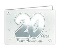 Afie 69-2202 Carte 20 ANS Heureux ANNIVERSAIRE notes de musique qui brillent sur fond blanc ; Livrée avec enveloppe ; Format Carte fermée 17x11,5cm