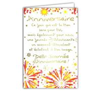 Afie 69-3008 Carte ANNIVERSAIRE grand texte mots en dorure OR doré qui brille feu d'artifice étoiles ; Livrée avec enveloppe couleur assortie ; Format Carte fermée 11,5x17cm ; Fabriqué en France ;