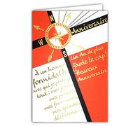 Afie 69-3034 Carte ANNIVERSAIRE HOMME FORMIDABLE texte mots dorure OR doré qui brille boussole cap ; Livrée avec enveloppe couleur assortie ; Format Carte fermée 11,5x17cm ; Fabriqué en France ;