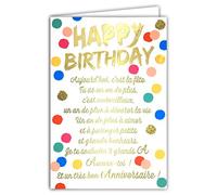 Afie 69-3036 Carte Happy BIRTHDAY grand texte mots en dorure OR doré qui brille points pois conffetis ; Livrée avec enveloppe couleur assortie ; Format Carte fermée 11,5x17cm ; Fabriqué en France ;
