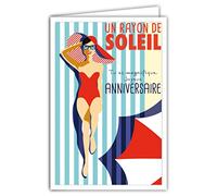 Afie 69-4309 Carte Joyeux Anniversaire avec Enveloppe - Fille Femme - Mini Posters Format 17x11,5cm - Bain de Soleil Marinière Chapeau Rayures Parasol Rétro Vintage - Fabriquée en France