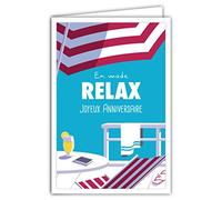 Afie 69-4310 Carte Joyeux Anniversaire avec Enveloppe - Mini Posters Format 17x11,5cm - Relax Cool Détendu Bain de Soleil Transat Chaise Longue Rayures Parasol Rétro Vintage - Fabriquée en France