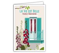 AFIE 69-4327 Carte Heureux Anniversaire avec Enveloppe - Mini Posters Format 17x11,5cm - La Vie est Belle Fleurs Roses Trémières Façade Maison Volets Rétro Vintage - Fabriquée en France