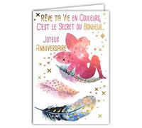 Afie 69-5047 Carte Joyeux Anniversaire Fée Plumes Rêve ta vie en couleurs c'est le secret du Bonheur Citation