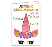 Afie 69-5055 Carte Joyeux Anniversaire qu'il soit Magique Féérique Génial Licorne Rose Fleurs