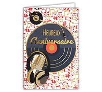 Afie 69-5067 Carte Heureux Anniversaire Notes de Musique Micro Casque Platine Disque Vinyle DJ