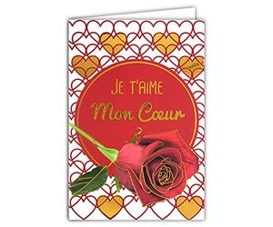 AFIE 69-5077 Carte Je t'aime mon cœur Saint Valentin 14 février Amour Rose Rouge Fleur Déclarer sa flamme avec Enveloppe Blanche Format 12x17,5cm Fabriqué en France
