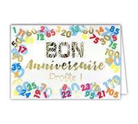 Afie 69-5113 Carte Bon ANNIVERSAIRE Profite en Or Doré Brillant 1 2 3 4 5 6 7 8 9 10 11 12 13 14 ans ; Couleurs ; Coloré ; Livrée avec enveloppe ; Format Carte fermée 17x11,5cm