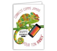 AFIE 69-6213 Carte Bon Anniversaire Humoristique avec Enveloppe Illustrée format 17,5x12cm Caméléon Drôle Amusant Rigolo qui sourit avec un Smartphone Connecté - Création Fabrication française