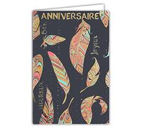 Afie 69-7063 Carte Heureux Bon Joyeux Anniversaire Plumes Couleurs Noir et Or Dorée Fêter Souhaiter Brillant Chic Tendance à la mode Déco Décoration