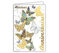 Afie 69-7072 Carte Heureux Anniversaire Papillons Bleus Noir et Or Dorée Fêter Souhaiter Brillant Chic Tendance à la mode Déco Décoration