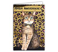 AFIE 69-7073 Carte Joyeux Anniversaire Chat Léopard Animal Nœud Papillon Noir et Or Dorée Fêter Souhaiter Brillant Chic Tendance à la mode