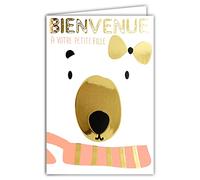 AFIE 69-7080 Carte Bienvenue à votre Petite Fille - Naissance, Baptême ou Adoption Ours en peluche Polaire Blanc Rose Nœud Or Doré Tendre Mignon - Fabriquée en France