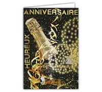 AFIE 69-7086 Carte Heureux Anniversaire Bouteille Champagne Vin Blanc Pétillant Seau Feu d'artifice étoiles Or Doré Fabriqué en France