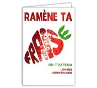 AFIE 69-9024 Carte Joyeux ANNIVERSAIRE Fruité Ramène ta Fraise Rouge Brillante +Enveloppe 12x17,5cm On t'attend Mot en Forme de Fruit Printanier - Création Impression Fabrication Française