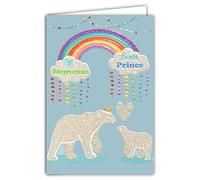 Afie Carte avec Paillettes Bienvenue Petit Prince Bébé Garçon Bleu Naissance ou Adoption Ours Blancs Polaires Animaux Cœurs Nuages Arc-en-ciel Couronne Mignon Fabriqué en France, 66-1160