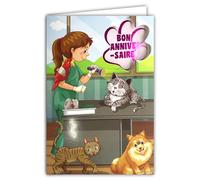 AFIE Carte Bon Anniversaire Fille Vétérinaire Soigneuse Chats Chien Perroquet Oiseau Animaux Domestiques Illustration Jeunesse avec Enveloppe Jaune 12x17,5cm 67-1087-B