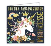 Afie Carte Carrée Dorée Or Joyeux Anniversaire Princesse Licorne Arc-en-ciel Couronne Fleurs