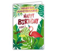 AFIE Carte Double Anniversaire - - Cool Génial Super Top Flamant Rose Brillant Feuillage Tropical Exotique Jungle Palmier Bananier Mixte - Message Original - Fabriquée en France 69-4040